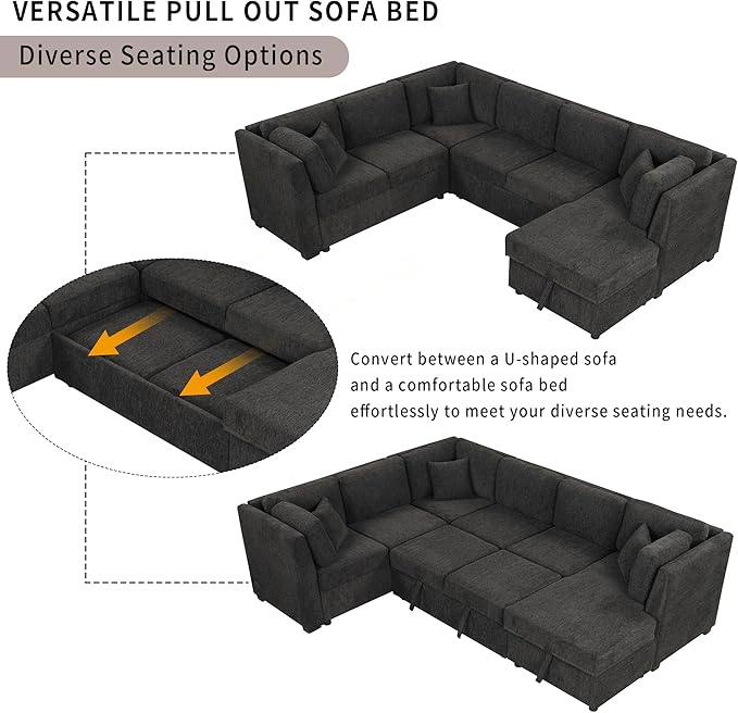 U Shaped Reversible Pull Out Sleeper Sectional Sofa Convertible Corner Couch Bed with Storage Chaise Lounge , 6 Seater Chenille Upholstered Sofa&Couch wth USB Ports, 2 Power Sockets for Living Room - LeafyLoom