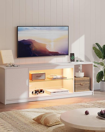 Bestier LED TV Stand with Power Outlets for 55/60/65 Inch TV, Gaming Entertainment Center with Cabinet for PS5, Modern TV Cabinet with Adjustable Glass Shelves for Bedroom 58 Inch Carbon Fiber White - LeafyLoom
