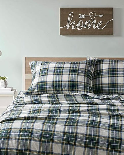 Comfort Spaces Cotton Flannel Breathable Warm Deep Pocket Sheets with Pillow Case Bedding, Queen, Green Plaid Scottish Plaid 4 Piece - LeafyLoom