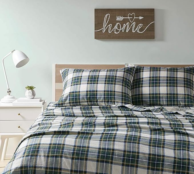 Comfort Spaces Cotton Flannel Breathable Warm Deep Pocket Sheets with Pillow Case Bedding, Queen, Green Plaid Scottish Plaid 4 Piece - LeafyLoom