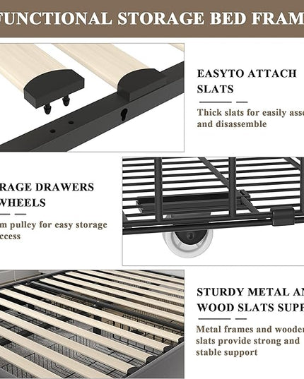 VECELO Full Size Upholstered Platform Bed Frame with 4 Storage Drawers, Adjustable Velvet Rivets Headboard, Wooden Slats Support, No Box Spring Needed, Easy Assembly - LeafyLoom