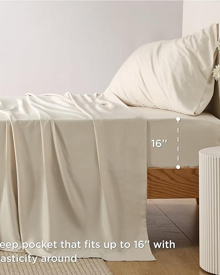 Bedsure Twin Sheets Set, Cooling Sheets Twin Size Bed Set, Rayon Derived from Bamboo, Twin Size Sheets, Breathable & Soft Bed Sheets, Hotel Luxury Silky Bedding Sheets & Pillowcases, Light Beige - LeafyLoom