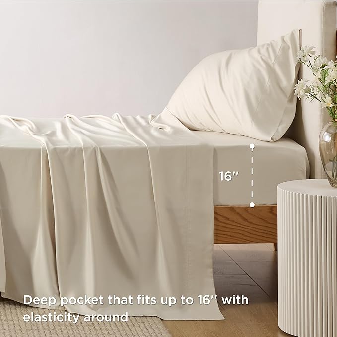 Bedsure Twin XL Sheet Set Dorm Bedding, Cooling Sheets Twin Extra Long Sheets, Rayon Derived from Bamboo, Deep Pocket Up to 16", Hotel Luxury Silky Bedding Sheets & Pillowcases, Light Beige - LeafyLoom