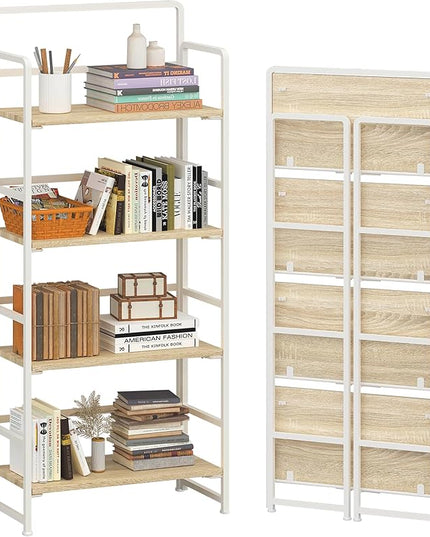 4NM No-Assembly 4 Tiers Folding Bookshelf Storage Shelves Vintage Bookcase Standing Racks Study Organizer Home Office (Natural and White) - LeafyLoom