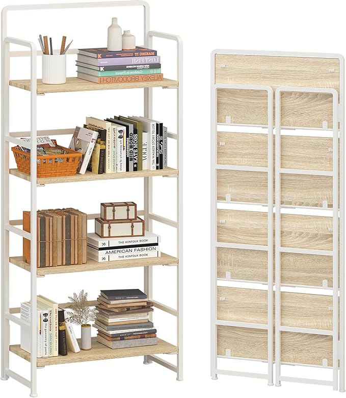 4NM No-Assembly 4 Tiers Folding Bookshelf Storage Shelves Vintage Bookcase Standing Racks Study Organizer Home Office (Natural and White) - LeafyLoom