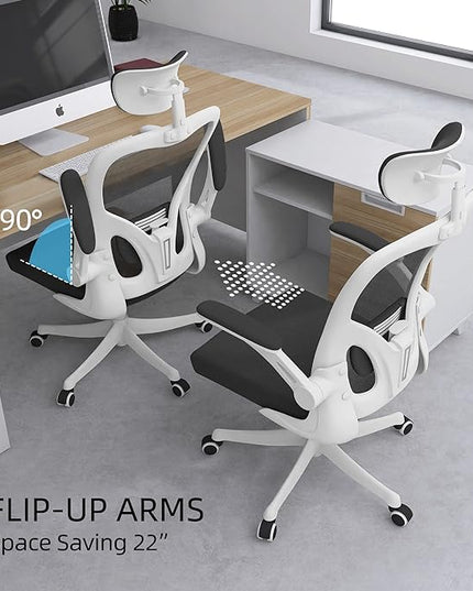 Office Chair, Ergonomic Office Chair with Lumbar Support & 3D Headrest & Flip Up Arms Home Office Desk Chairs Rockable High Back Swivel Computer Chair White Frame Black Mesh Study Chair - LeafyLoom