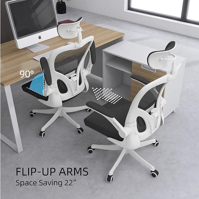 Office Chair, Ergonomic Office Chair with Lumbar Support & 3D Headrest & Flip Up Arms Home Office Desk Chairs Rockable High Back Swivel Computer Chair White Frame Black Mesh Study Chair - LeafyLoom