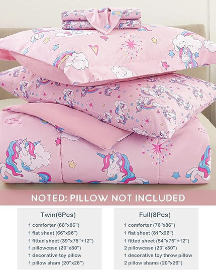 Mooreeke Kids Comforter Bed Set Twin Size for Girls, 6 Pieces Bed in a Bag with Shams, Sheet Set, Pink Unicorn Double Soft Microfiber Kids Comforter Bedding Set - LeafyLoom