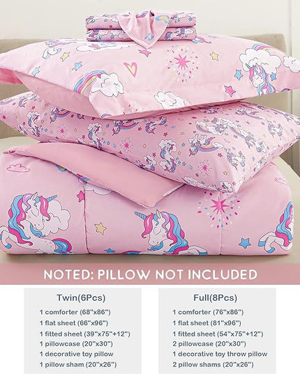 Mooreeke Kids Comforter Bed Set Full Size for s Girls, 8 Pieces Bed in a Bag with Shams, Sheet Set, Pink Unicorn Full Soft Microfiber Kids Comforter Bedding Set - LeafyLoom