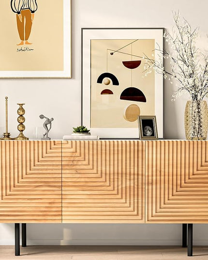 roomfitters Mid Century Modern TV Stand for TVs up to 65", Boho Sideboard Buffet Cabinet Credenza, Media Console Entertainment Center for Living Room, Poplar Wood Print Carved and Geometric Design - LeafyLoom