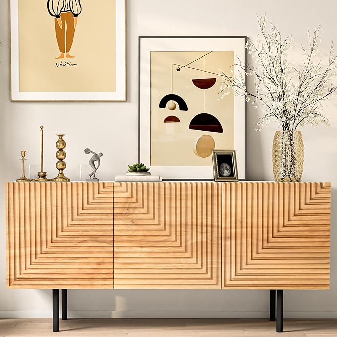 roomfitters Mid Century Modern TV Stand for TVs up to 65", Boho Sideboard Buffet Cabinet Credenza, Media Console Entertainment Center for Living Room, Poplar Wood Print Carved and Geometric Design - LeafyLoom