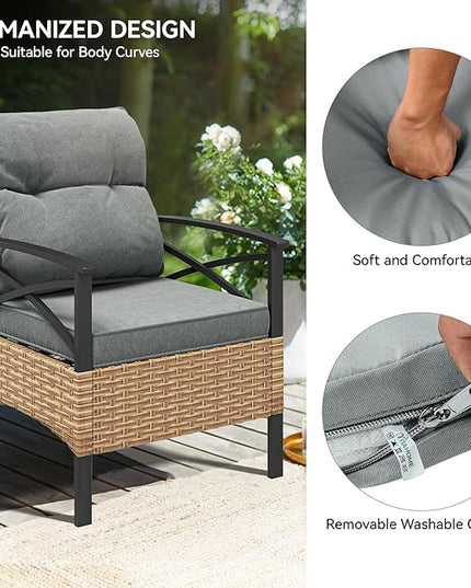 YITAHOME 4-Piece Patio Furniture Wicker Outdoor Bistro Set, All-Weather Rattan Conversation Loveseat Chairs for Backyard, Balcony and Deck with Soft Cushions and Metal Table (Light Brown+Gray) - LeafyLoom