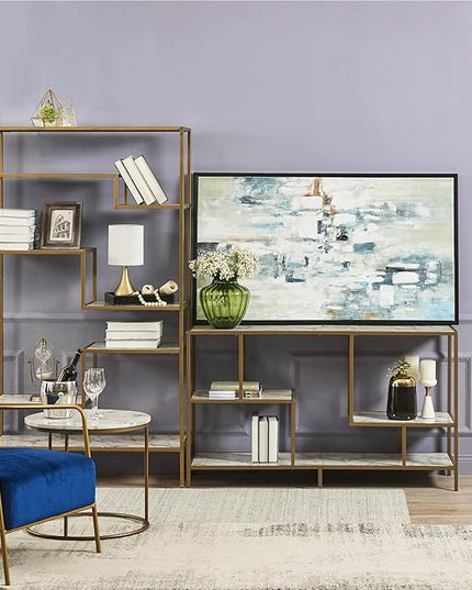 Teamson Home Marmo Sideboard Storage Cabinet TV Stand with Faux Marble Top for Livingroom Home and Office, 32 Inch Height, Brass - LeafyLoom