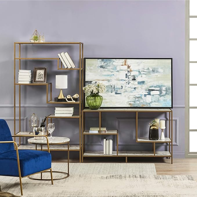 Teamson Home Marmo Sideboard Storage Cabinet TV Stand with Faux Marble Top for Livingroom Home and Office, 32 Inch Height, Brass - LeafyLoom