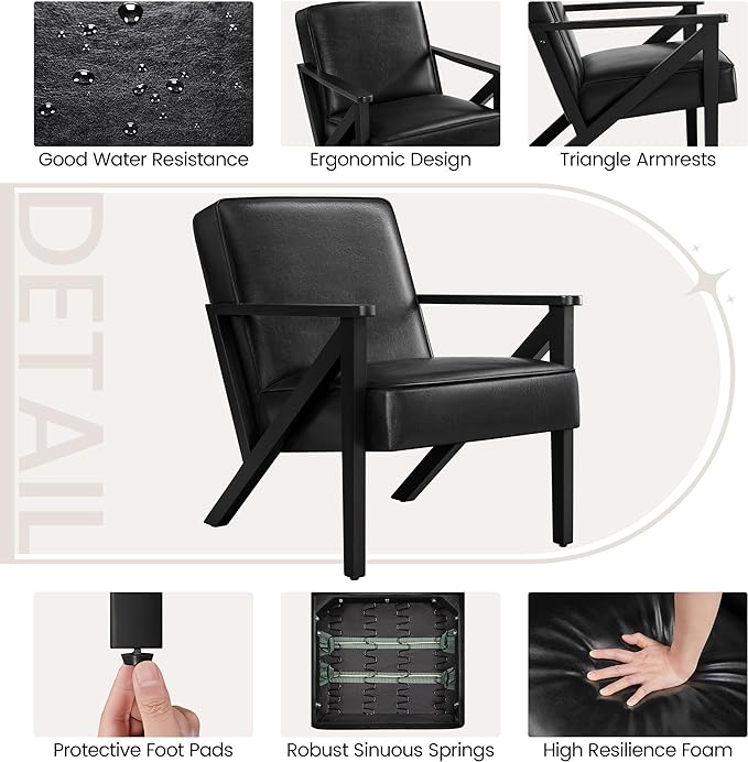 Yaheetech Accent Chair, Armchair with Strong Wood Frame, PU Leather Modern Retro Lounge Chair for Living Room/Lounge/Office/Reception Area, Black - LeafyLoom