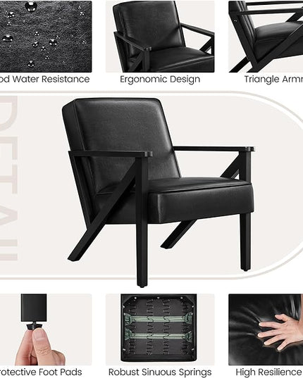 Yaheetech Accent Chair, Armchair with Strong Wood Frame, PU Leather Modern Retro Lounge Chair for Living Room/Lounge/Office/Reception Area, Black, 2 Pieces - LeafyLoom