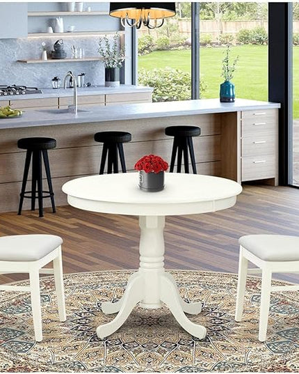 East West Furniture ANVA3-LWH-C 3 Piece Dining Table Set for Small Spaces Contains a Round Kitchen Table with Pedestal and 2 Linen Fabric Kitchen Dining Chairs, 36x36 Inch, Linen White - LeafyLoom