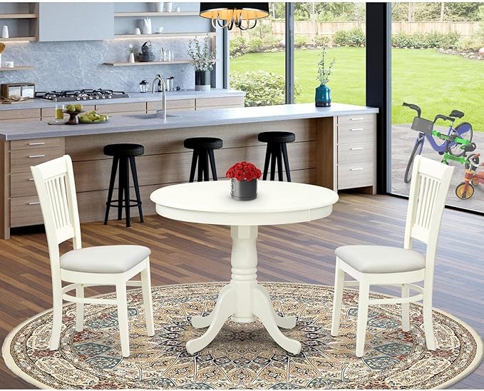East West Furniture ANVA3-LWH-C 3 Piece Dining Table Set for Small Spaces Contains a Round Kitchen Table with Pedestal and 2 Linen Fabric Kitchen Dining Chairs, 36x36 Inch, Linen White - LeafyLoom