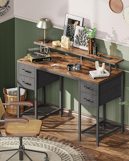 47 inch Computer Desk with 4 Drawers, Gaming Desk with LED Lights & Power Outlets, Home Office Desk with Large Storage Space for Bedroom, Work from Home, Rustic Brown - LeafyLoom