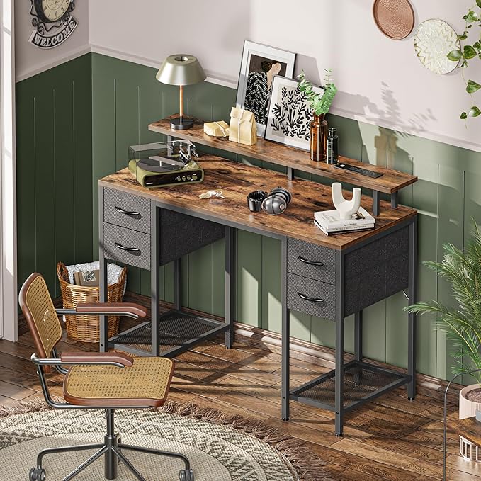 47 inch Computer Desk with 4 Drawers, Gaming Desk with LED Lights & Power Outlets, Home Office Desk with Large Storage Space for Bedroom, Work from Home, Rustic Brown - LeafyLoom