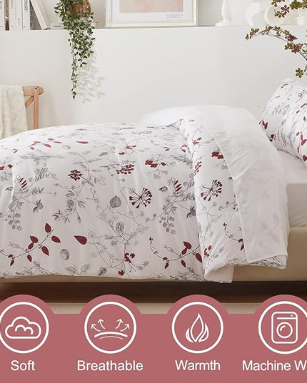 EMME Twin Comforter Set - Red Floral Bedding Set 5 PCS with Flowers Leaves Pattern, Soft Plant Printed Botanical Bed Set with Sheets, Fluffy Bed Bag for All Season(68"X90") - LeafyLoom