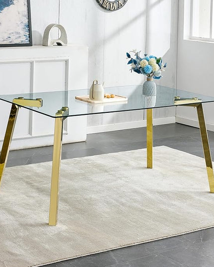 NicBex Modern Minimalist Style Rectangular Glass Dining Table with Tempered Glass Tabletop and Golden Metal Legs Suitable for Kitchen, Dining Room and Living Room, Golden - LeafyLoom