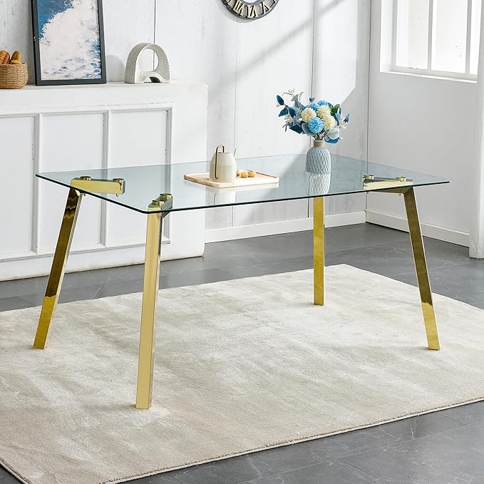 NicBex Modern Minimalist Style Rectangular Glass Dining Table with Tempered Glass Tabletop and Golden Metal Legs Suitable for Kitchen, Dining Room and Living Room, Golden - LeafyLoom