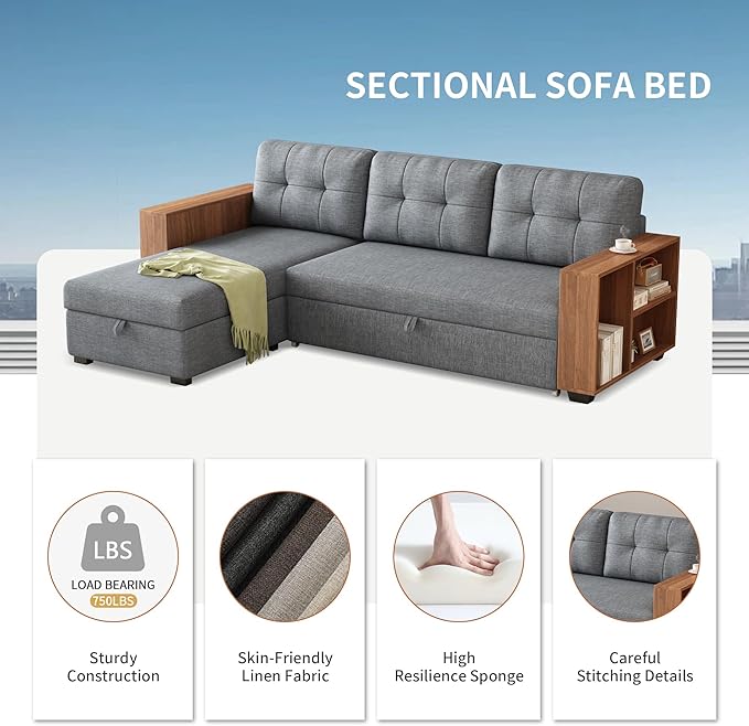 84" Pull Chaise,Sectional Couch Bed,Convertible Sleeper, L Shaped Sofa with Wooden Storage Handrail for Living Room,Apartment,Office,Light Grey - LeafyLoom