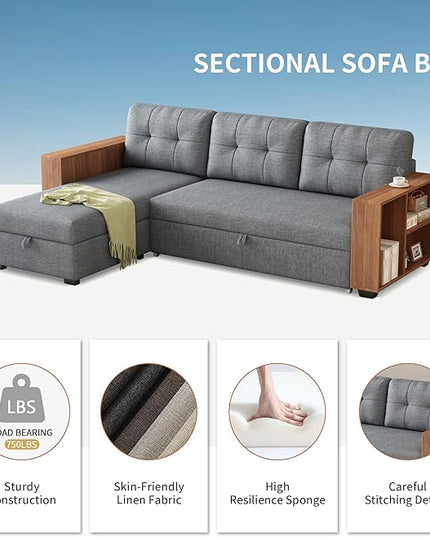 Convertible Sectional Couch with Pull Out Bed and Storage Chaise,L Shaped Sleeper Sofa W/Storage Cabinet Armrests & Removable Back Cushions,Living Room Furniture,for Home,Office,Light Grey,84" - LeafyLoom