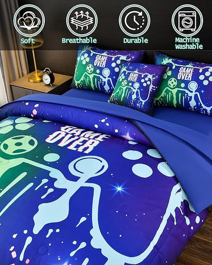 Gamer Console Blue Comforter Set with Sheets for Boys,Full Size Glitter Gaming Bedding Set for Kids,6 Pieces Colorful Graffiti Green Dark Game Controller Bed in a Bag for Teens (Green&Blue, Full) - LeafyLoom