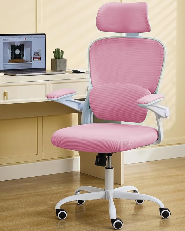 Ergonomic Office Chair with Tilt-Lock, Home Office Desk Chair with Auto Lumbar Support, High Back Mesh Desk Chair with Adjustable Headrest, Swivel Task Chair or Study Room Bedroom,Pink - LeafyLoom