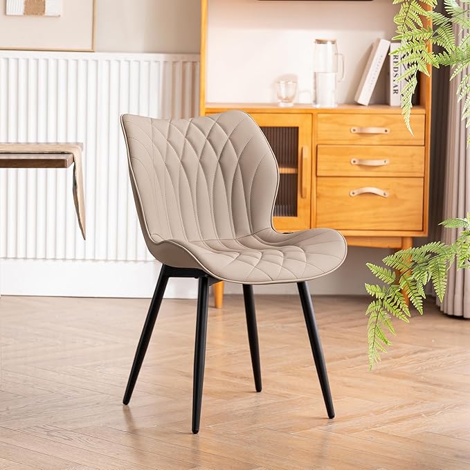 YOUNIKE Dining Chairs Set of 2, Upholstered Leather Kitchen Dining Room Chairs, Modern Living Room Bedroom Side Chairs with Wide Curved Back and Metal Legs, Kitchen Chairs Khaki Taupe - LeafyLoom