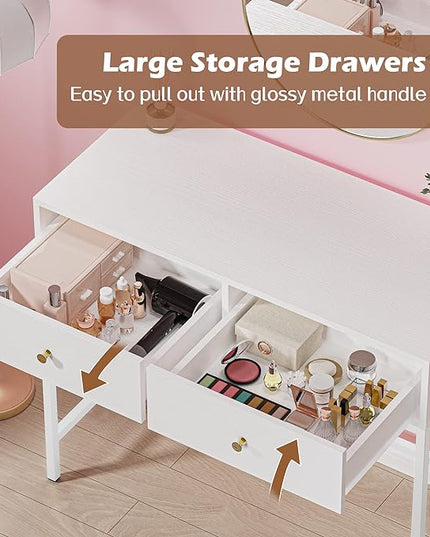 SUPERJARE 35.4" White Desk with 2 Drawers, Modern Makeup Vanity Desk, Small Computer Desk Home Office Desk for Writing Study Bedroom - LeafyLoom