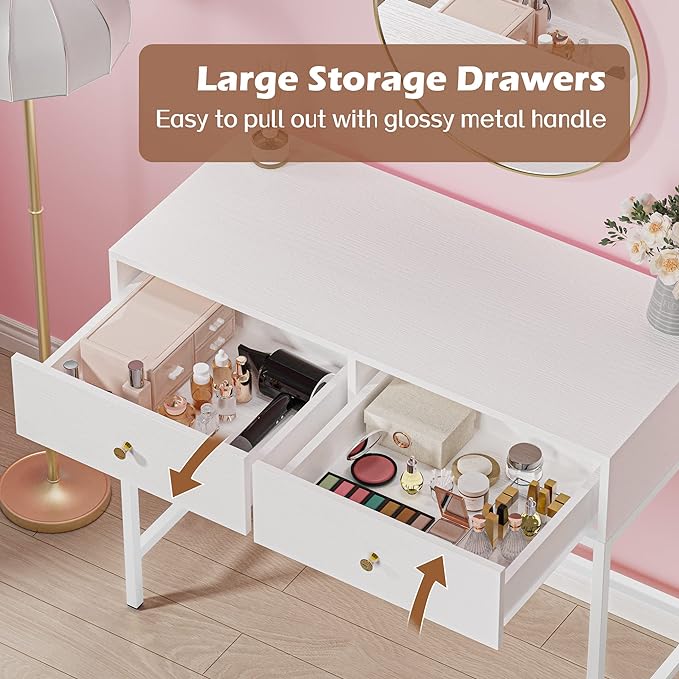SUPERJARE 35.4" White Desk with 2 Drawers, Modern Makeup Vanity Desk, Small Computer Desk Home Office Desk for Writing Study Bedroom - LeafyLoom