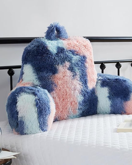 Faux Fur Reading Pillows - Big Size 30x17x17 Inches with Premium Pure White Micro Fiber Stuffing, Students & Kids Backrest Pillow, Bed Rest Pillow, Unique Colorful Design, Awesome Gift - LeafyLoom