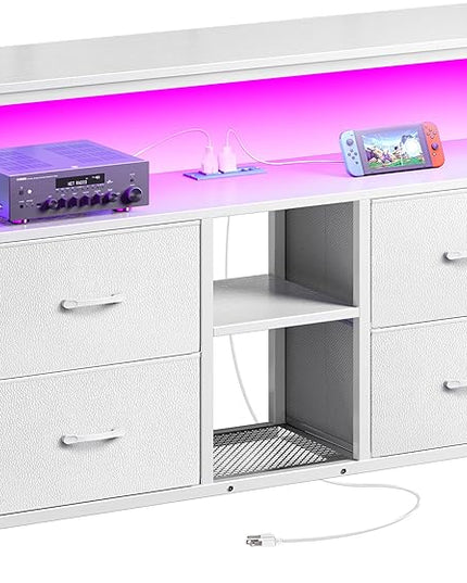TV Stand Dresser with Power Outlets and LED Lights, 4 Drawers Entertainment Center with Open Shelf, Media Console for 50 43 Inch TV, Dresser with PU Finish, White - LeafyLoom