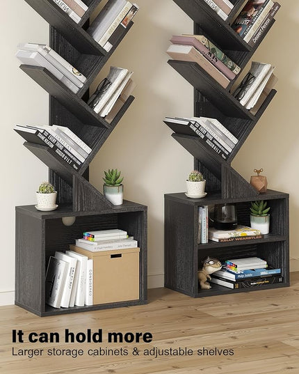 SUNMORY 6 Tier Tree Bookshelf, Small Bookcase with Storage Cabinet, Modern Narrow Bookshelves Organizer, Floor Standing Book Shelf for Bedroom/Living Room/Home Office/Corner, Black - LeafyLoom