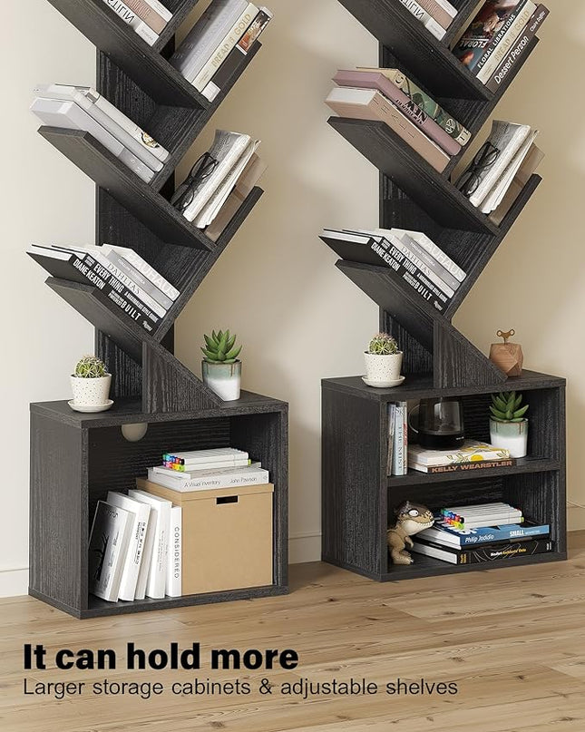 SUNMORY 6 Tier Tree Bookshelf, Small Bookcase with Storage Cabinet, Modern Narrow Bookshelves Organizer, Floor Standing Book Shelf for Bedroom/Living Room/Home Office/Corner, Black - LeafyLoom
