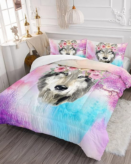 Wolf Comforter Set Tie Dye Wolf Bedding Set for Kids Teens Room Decor Romantic Pink Rose Wild Animals Comforter with 2 Pillowcases - LeafyLoom
