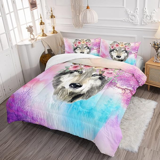 Wolf Comforter Set Tie Dye Wolf Bedding Set for Kids Teens Room Decor Romantic Pink Rose Wild Animals Comforter with 2 Pillowcases - LeafyLoom