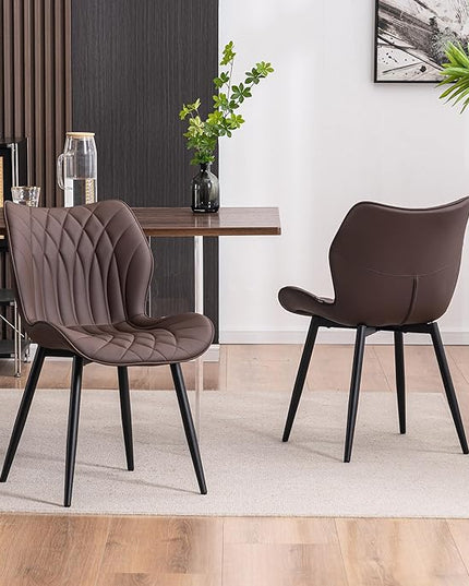 YOUNIKE Dining Chairs Set of 2, Upholstered Leather Dining Room Chairs, Modern Kitchen Chairs Living Room Bedroom Side Chairs with Wide Curved Back and Adjustable Metal Legs, Espresso Brown - LeafyLoom