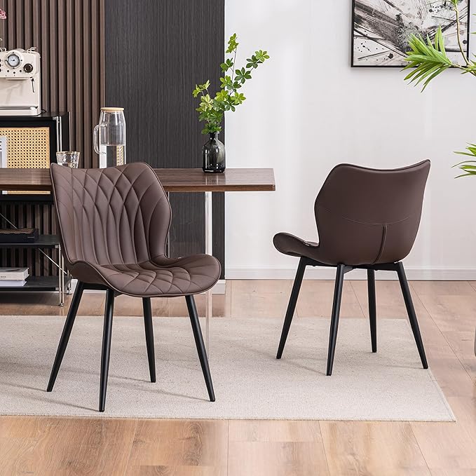 YOUNIKE Dining Chairs Set of 2, Upholstered Leather Dining Room Chairs, Modern Kitchen Chairs Living Room Bedroom Side Chairs with Wide Curved Back and Adjustable Metal Legs, Espresso Brown - LeafyLoom