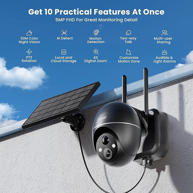 ieGeek 5MP Security Cameras Wireless Outdoor, Solar Outdoor Security Cameras System 360° PTZ with Spotlight & Siren, 2.4Ghz Outdoor Cameras for Home Security,Color Night Vision, Compatible with Alexa ieGeek