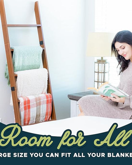 Blanket Ladder for Living Room and Bedroom, 6-Tier Wall Leaning Laminate Snag Free Construction (Brown) Rustic Decorative Farmhouse Blanket Storage, Quilt Rack, Ladder Shelf, Easy Assembly - LeafyLoom