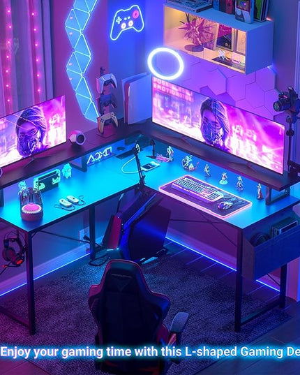 armocity L Shaped Computer Desk with Power Outlets, Gaming Desk L Shaped with LED Lights, Corner Desk with Storage Shelves, Work Study Desk for Bedroom, Home Office Small Spaces, 47'', Black - LeafyLoom