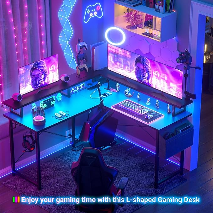 armocity L Shaped Computer Desk with Power Outlets, Gaming Desk L Shaped with LED Lights, Corner Desk with Storage Shelves, Work Study Desk for Bedroom, Home Office Small Spaces, 47'', Black - LeafyLoom
