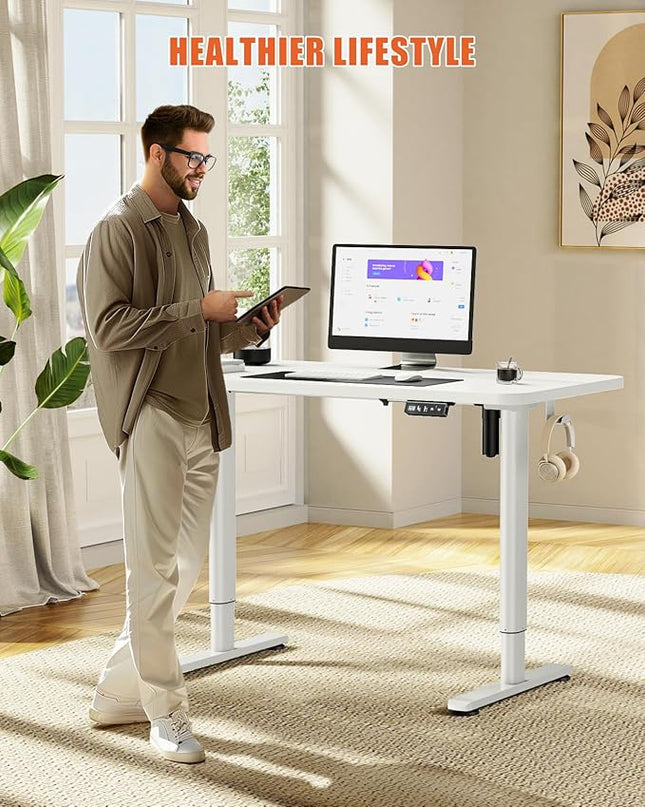 Electric Standing Desk Adjustable Height Stand Up Desk, 48" x 24" Sit Stand Desk, Low Noise Home Office Desk, Computer Desk with Splice Board, Child Lock & Memory Function, White - LeafyLoom