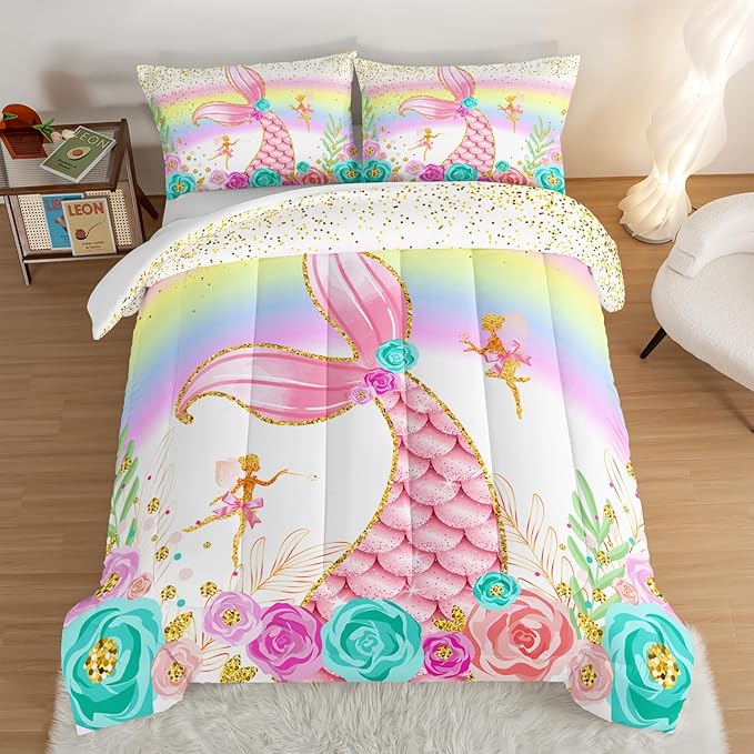 HOSIMA Mermaid Comforter with 2 Pillowcases,Girly Rainbow Bedding Set Glitter Pink Mermaid Tail Twin Comforter Set,Flower Fairies Rose Gold Comforter Set,Floral Comforter for Girls Teens Bedroom. - LeafyLoom
