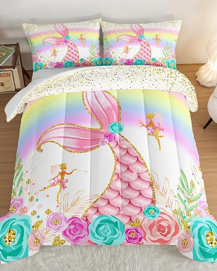 HOSIMA Mermaid Comforter with 2 Pillowcases,Girly Rainbow Bedding Set Glitter Pink Mermaid Tail Comforter Set,Flower Fairies Rose Gold Comforter Set,Floral King Size Comforter Set. - LeafyLoom