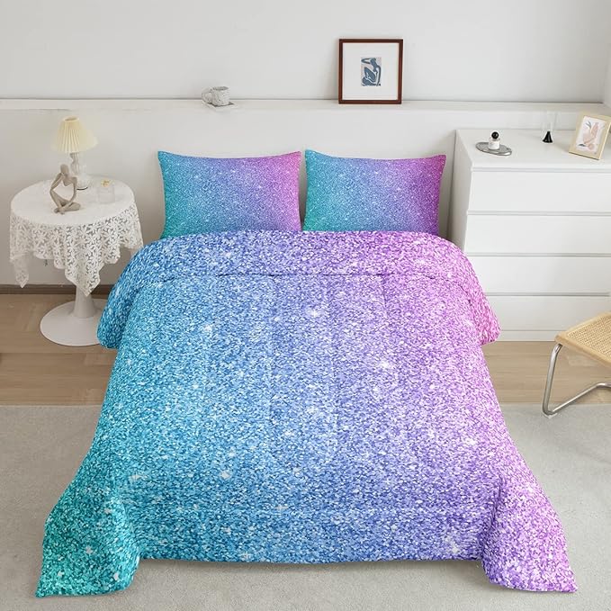 Colorful Glitter Bedding Queen Girly Turquoise Teal Blue Pink Pastel Girls Comforter Set 3 Pcs Trendy Quilt Duvet for Kid Women Down Comforter with Sparkle Sequin Pattern Bling Bedroom Decor Bed Cover - LeafyLoom